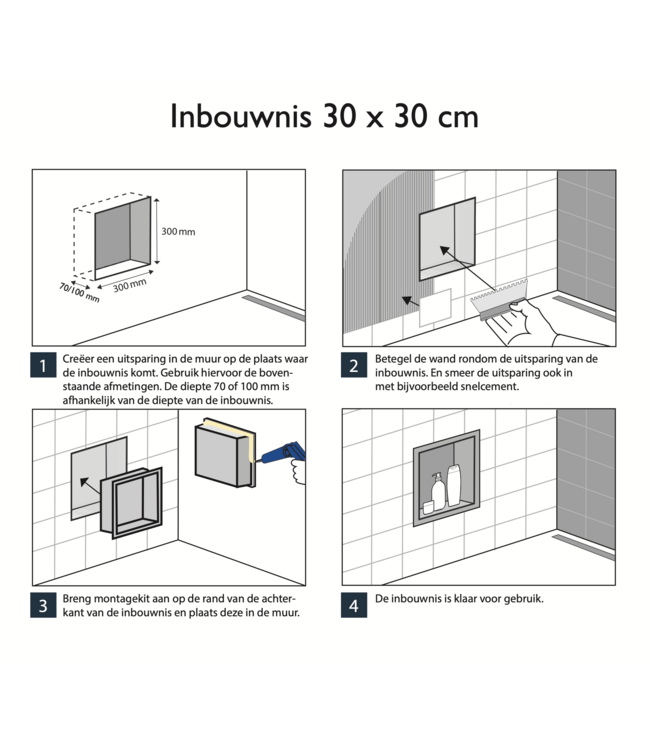 Inbouw badkamer nis Demis 30x30x7cm RVS