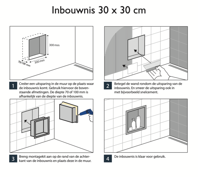 Inbouw badkamer nis Demis 30x30x7cm Mat Zwart