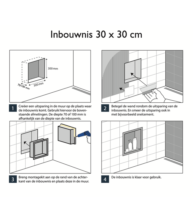 Inbouw badkamer nis Demis 30x30x10cm RVS