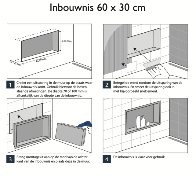 Inbouw badkamer nis Demis 60x30x10cm RVS