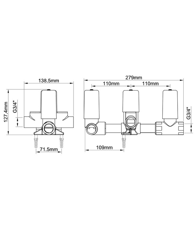 Wiesbaden Inboudeel 3-wegs Douchethermostaat - 29.2501