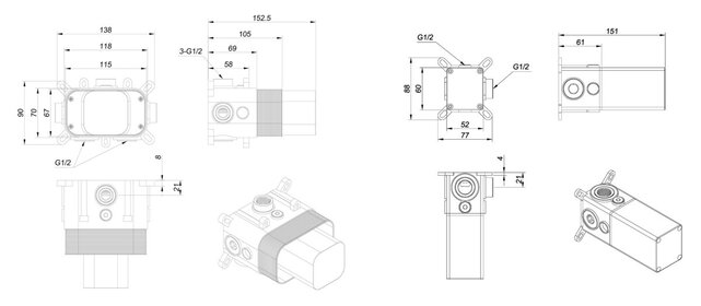 Wiesbaden Dreams inbouwdeel thermostatische douchekraan met 2 stopkranen - 29.8004