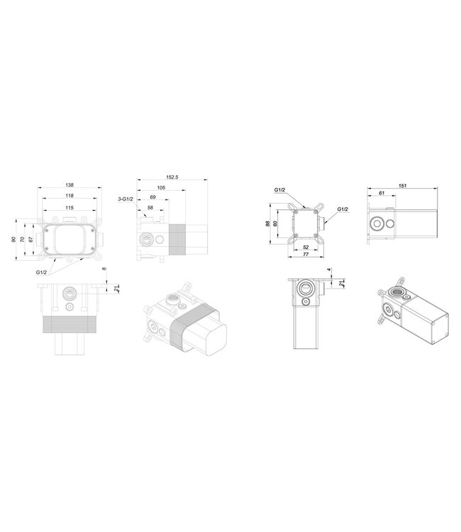 Wiesbaden Dreams inbouwdeel thermostatische douchekraan met 2 stopkranen - 29.8004