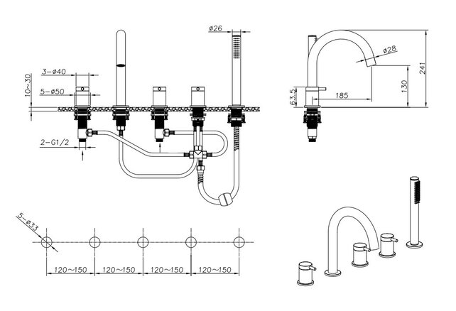 Wiesbaden Inbouw badkraan Caral 5-Gats thermostatisch Chroom incl. Inbouwdeel - 29.3961 Wiesbaden Inbouw badkraan Caral 5-Gats thermostatisch Chroom incl. Inbouwdeel - 29.3961