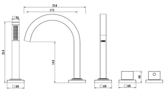Wiesbaden Inbouw badkraan Rombo 4-Gats badrandkraan met thermostaat afbouwset Chroom - 29.3993