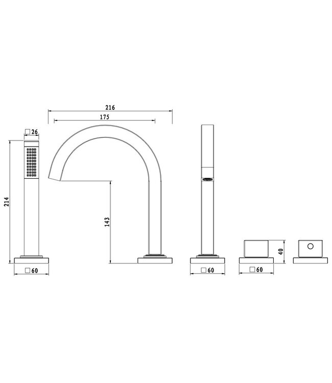 Wiesbaden Wiesbaden Inbouw badkraan Rombo 4-Gats badrandkraan met thermostaat afbouwset Chroom - 29.3993
