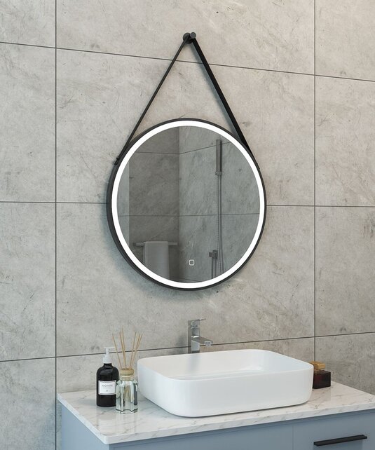 Wiesbaden Ronde Badkamerspiegel Cinto 60 cm Mat Zwart met band - Dimbaar Led met Spiegelverwarming - 38.4177