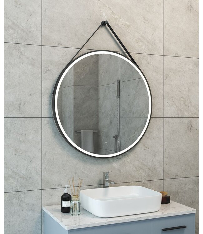 Ronde Badkamerspiegel Cinto 80 cm Mat Zwart met band - Dimbaar Led met Spiegelverwarming - 38.4178