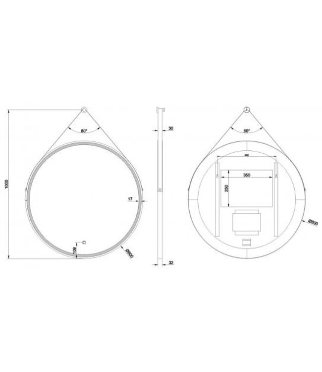 Ronde Badkamerspiegel Cinto 80 cm Mat Zwart met band - Dimbaar Led met Spiegelverwarming - 38.4178