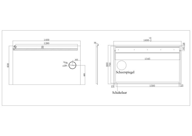 Badkamerspiegel Tigris met scheerspiegel 140x80cm front ledverlichting - 38.3778 Badkamerspiegel Tigris met scheerspiegel 140x80cm front ledverlichting - 38.3778
