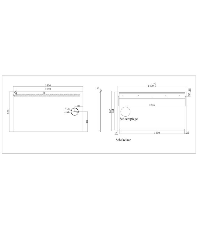 Badkamerspiegel Tigris met scheerspiegel 140x80cm front ledverlichting - 38.3778