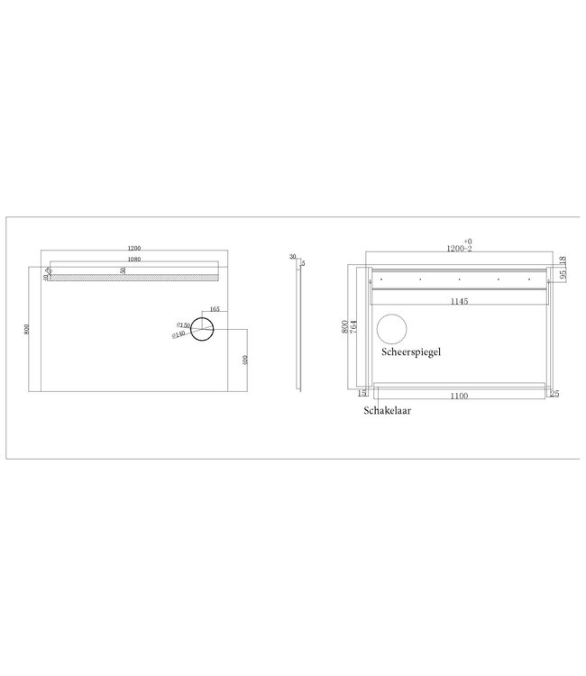 Badkamerspiegel Tigris met scheerspiegel 120x80cm front ledverlichting - 38.3777