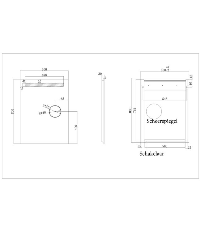 Badkamerspiegel Tigris met scheerspiegel 60x80cm front ledverlichting - 38.3774