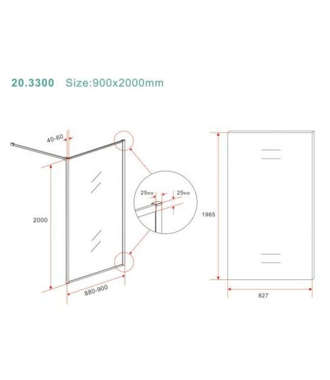 Wiesbaden Inloopdouche Square 90x200 Geborsteld Messing 8 mm nano helder glas -  20.3300