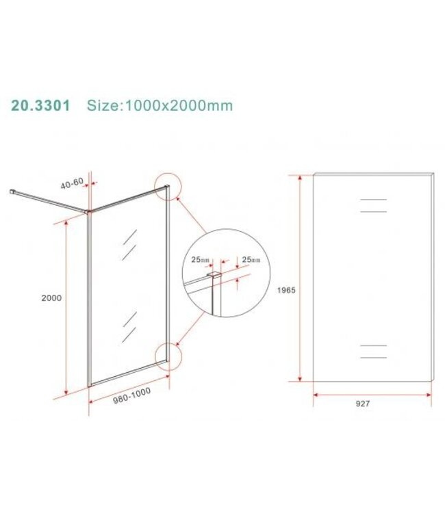 Wiesbaden Inloopdouche Square 100x200 Geborsteld Messing 8 mm nano helder glas - 20.3301