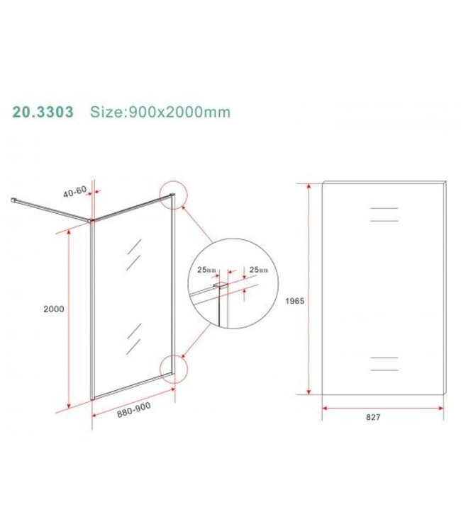 Wiesbaden Inloopdouche Square 90x200 Geborsteld Brons koper 8 mm nano helder glas - 20.3303