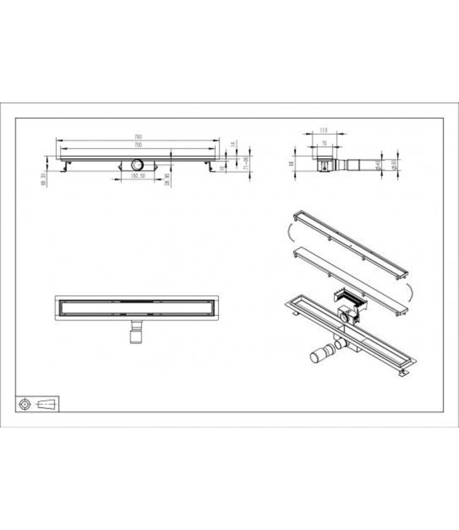 Wiesbaden Douchegoot met tegelrooster 70cm Geborsteld Messing - 33.4236