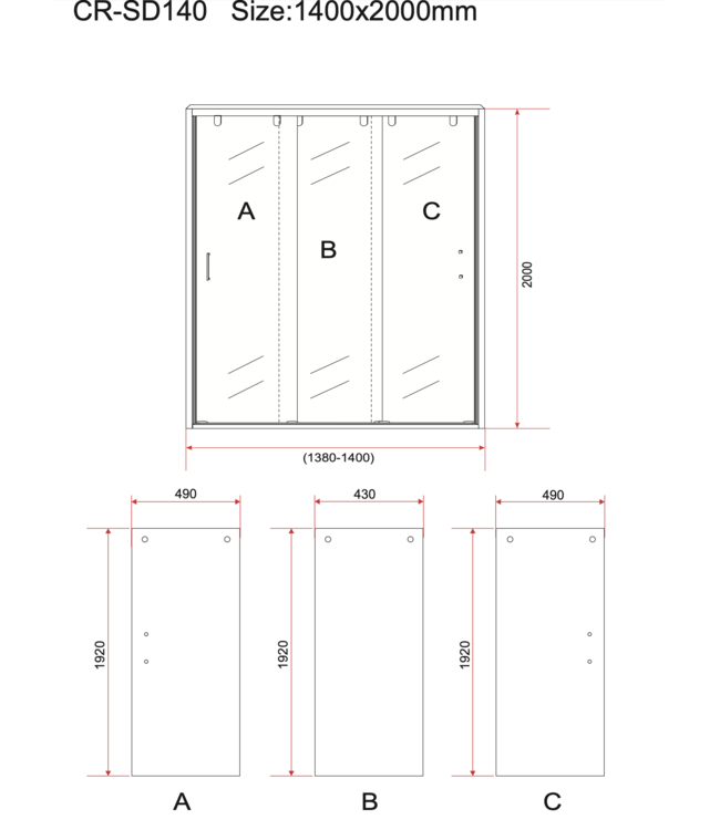 3-Delig Douchedeur Aloni Entra 140x200 cm 8mm helder glas met anti-kalk Chroom