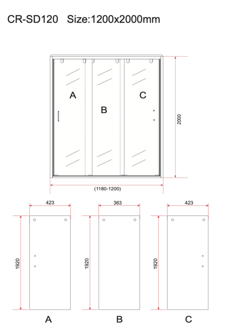 3-Delig Douchedeur Aloni Entra 120x200 cm 8mm helder glas met anti-kalk Chroom