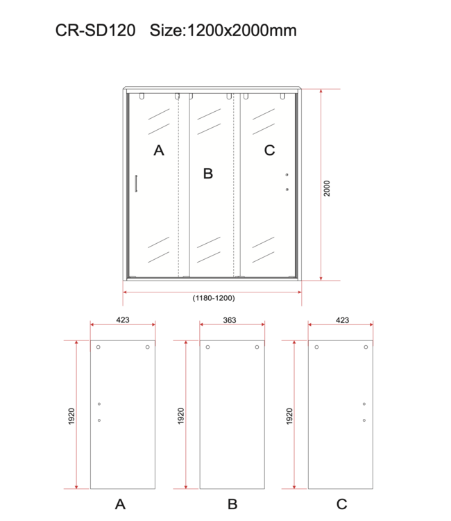 3-Delig Douchedeur Aloni Entra 120x200 cm 8mm helder glas met anti-kalk Chroom