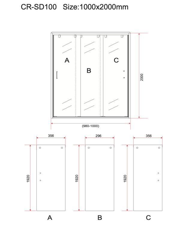 3-Delig Douchedeur Aloni Entra 100x200 cm 8mm helder glas met anti-kalk Chroom