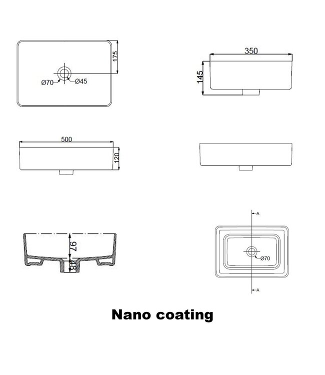Wiesbaden waskom rechthoekig Link Mat Zwart 50x35x12 cm keramiek - 32.3425