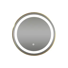 Badkamerspiegel Goud Geborsteld Rond Hamburg 90cm Anti condens en Led-verlichting touch schakelaar met spiegelverwarming