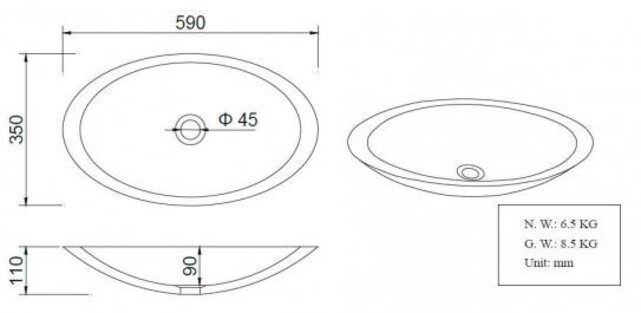 Wiesbaden Kim waskom ovaal mat wit 59x35x11 cm Solid surface - 36.4041