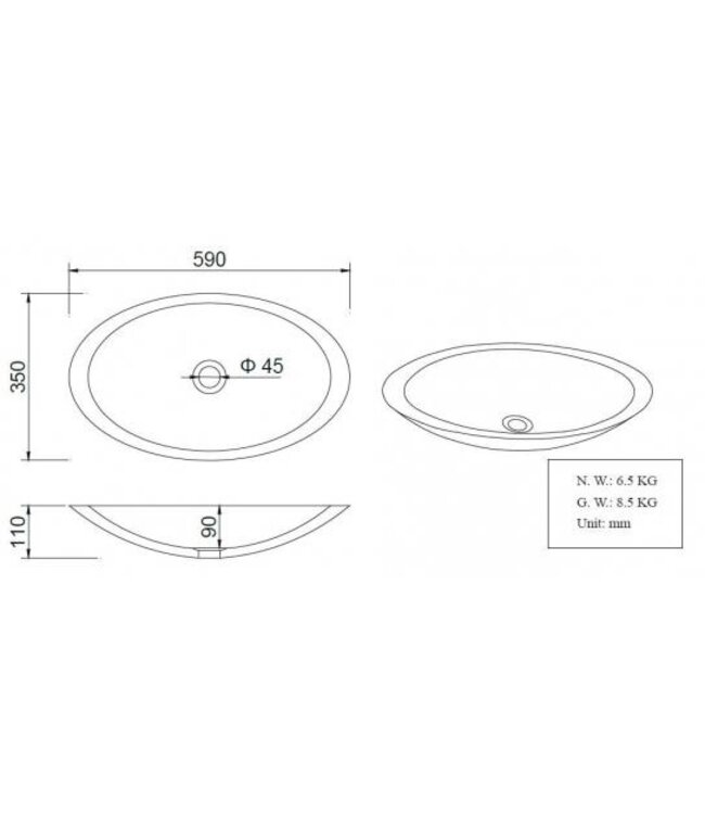 Wiesbaden Kim waskom ovaal mat wit 59x35x11 cm Solid surface - 36.4041
