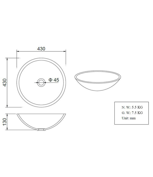 Wiesbaden Solid Surface waskom Valerie Mat Zwart Rond 43x13 cm - 36.4073