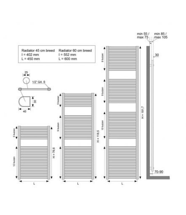 Wiesbaden Wiesbaden Elara Handdoekradiator 118x60cm mat zwart 700 Watt - 41.3580