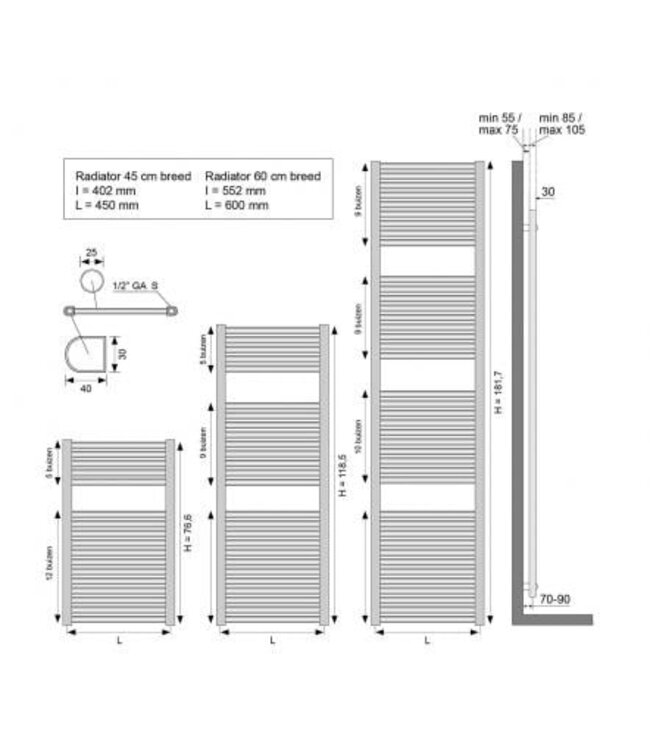 Elara Handdoekradiator 118x60cm Wit 700 Watt - 41.3511
