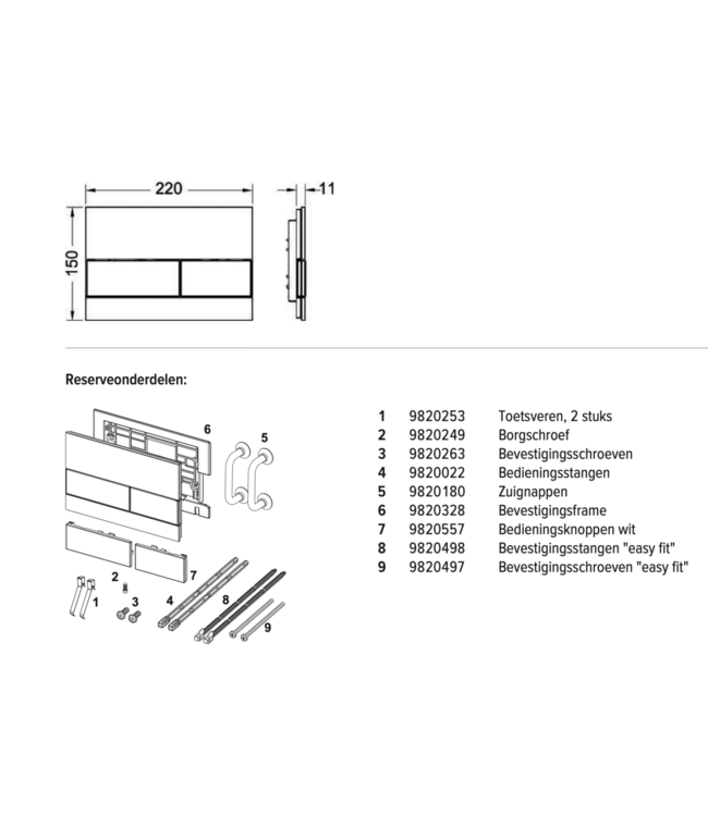 TECE Tece Bedieningspaneel Square II Glas - Glans Wit / Geborsteld RVS - Dualflush - 9240801