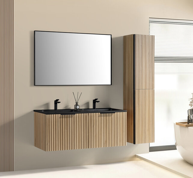 Wiesbaden Badkamermeubel set Ribbella 120cm Naturel Eik / Zwart⎢Compleet Onderkast - Wastafel en Spiegel⎢38.3508