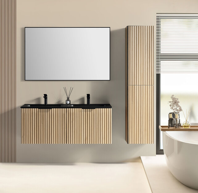 Wiesbaden Badkamermeubel set Ribbella 120cm Naturel Eik / Zwart⎢Compleet Onderkast - Wastafel en Spiegel⎢38.3508