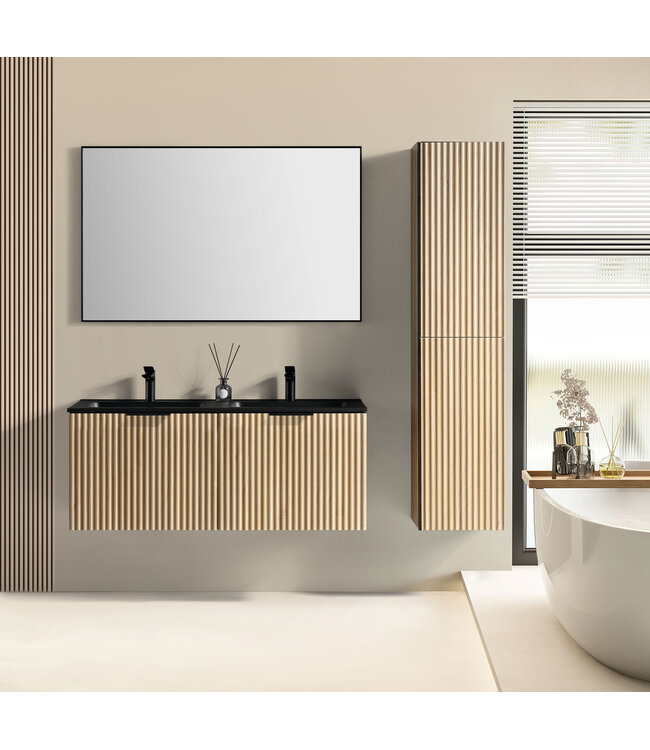 Wiesbaden Badkamermeubel set Ribbella 120cm Naturel Eik / Zwart⎢Compleet Onderkast - Wastafel en Spiegel⎢38.3508