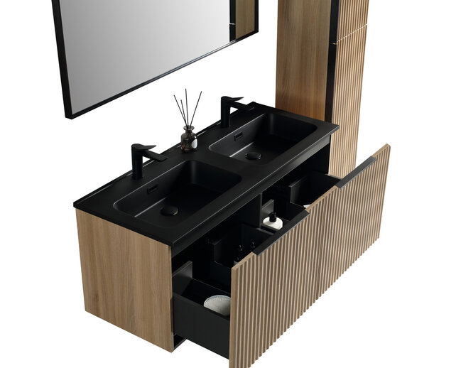 Wiesbaden Badkamermeubel set Ribbella 120cm Naturel Eik / Zwart⎢Compleet Onderkast - Wastafel en Spiegel⎢38.3508