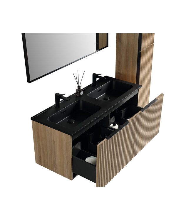 Wiesbaden Badkamermeubel set Ribbella 120cm Naturel Eik / Zwart⎢Compleet Onderkast - Wastafel en Spiegel⎢38.3508