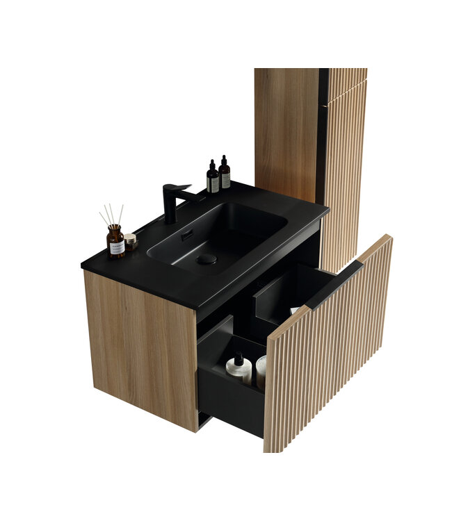 Wiesbaden Badkamermeubel set Ribbella 100cm Naturel Eik / Zwart⎢Compleet Onderkast - Wastafel en Spiegel⎢38.3507