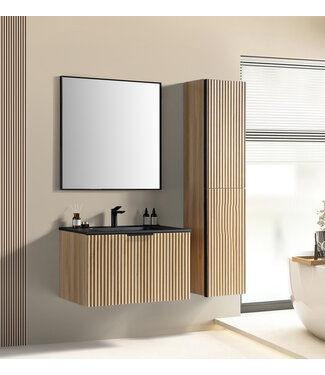 Wiesbaden Wiesbaden Badkamermeubel set Ribbella 100cm Naturel Eik / Zwart⎢Compleet Onderkast - Wastafel en Spiegel⎢38.3507