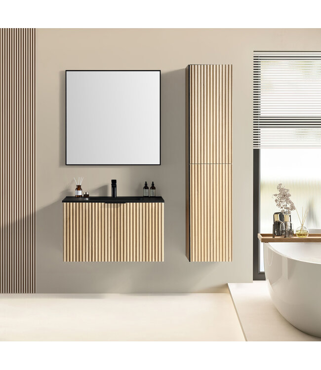 Wiesbaden Badkamermeubel set Ribbella 100cm Naturel Eik / Zwart⎢Compleet Onderkast - Wastafel en Spiegel⎢38.3507
