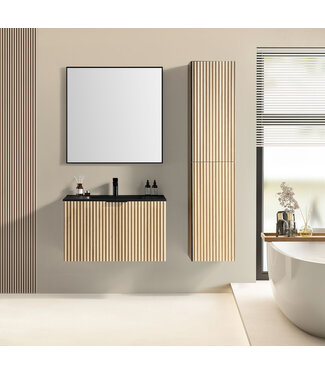 Wiesbaden Wiesbaden Badkamermeubel set Ribbella 80cm Naturel Eik / Zwart⎢Compleet Onderkast - Wastafel en Spiegel⎢38.3506