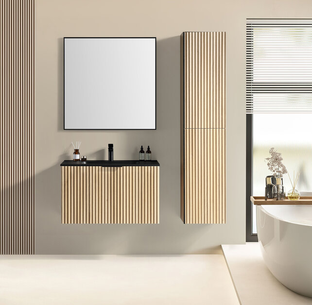 Wiesbaden Badkamermeubel set Ribbella 80cm Naturel Eik / Zwart⎢Compleet Onderkast - Wastafel en Spiegel⎢38.3506