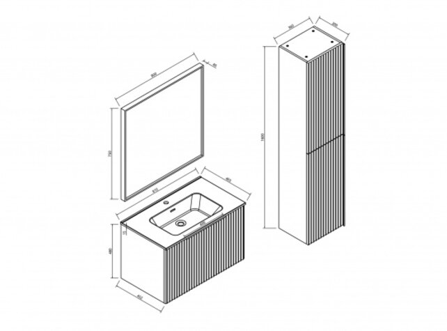 Wiesbaden Badkamermeubel set Ribbella 80cm Naturel Eik / Zwart⎢Compleet Onderkast - Wastafel en Spiegel⎢38.3506