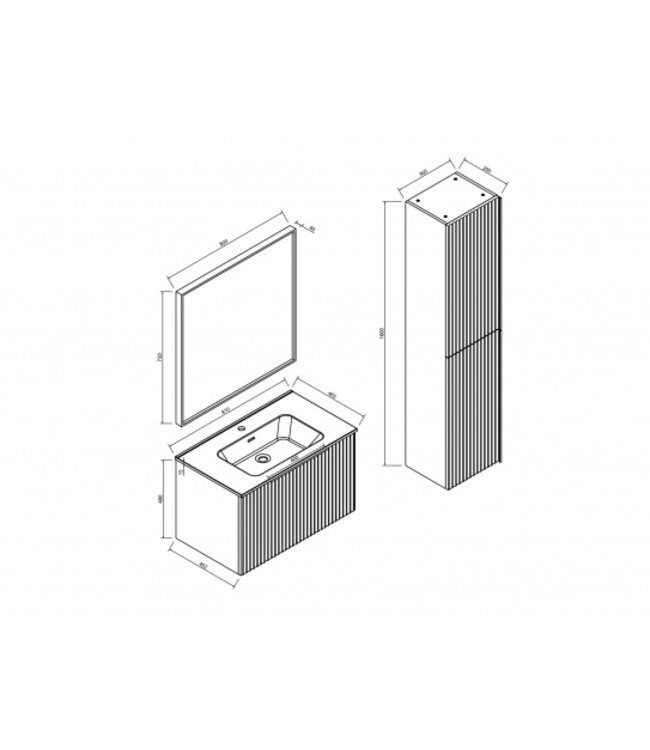 Wiesbaden Badkamermeubel set Ribbella 80cm Naturel Eik / Zwart⎢Compleet Onderkast - Wastafel en Spiegel⎢38.3506