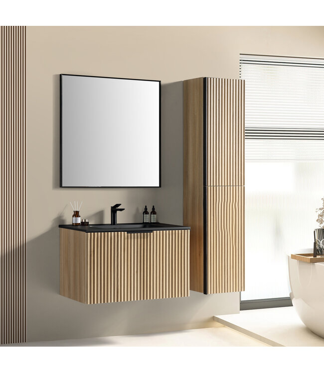 Wiesbaden Badkamermeubel set Ribbella 80cm Naturel Eik / Zwart⎢Compleet Onderkast - Wastafel en Spiegel⎢38.3506