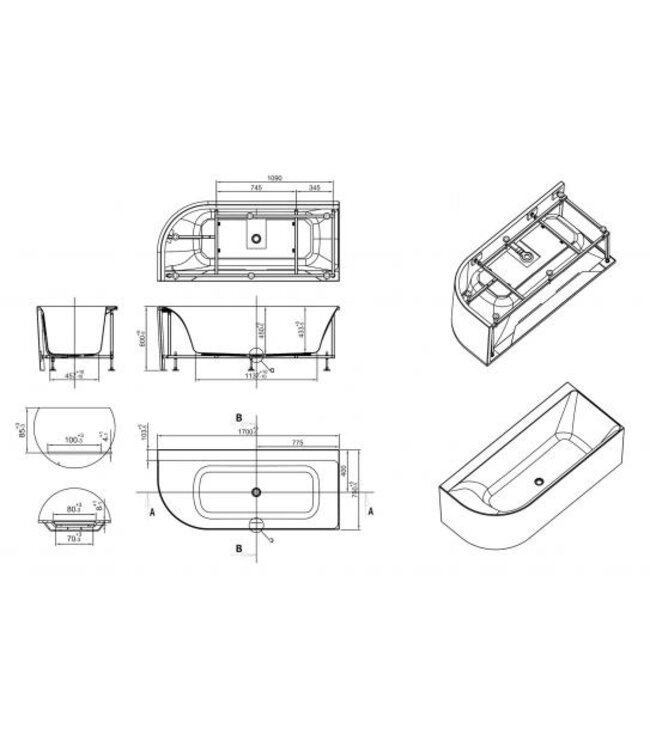 Wiesbaden Wiesbaden Zenn Half vrijstaand hoekbad Rechts 170x75cm wit met waste wit Acryl - 21.3663