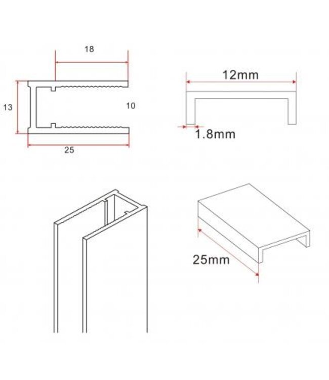 Wiesbaden Inloopdouche profielset Slim Mat Zwart - Muurprofiel + Stabilisatiestang - 20.3467