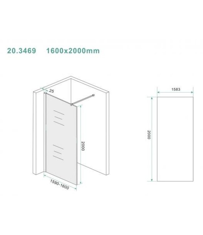 Wiesbaden Inloopdouche Douchewand Slim Rookglas 160cm - 8mm veiligheidsglas met antikalk - 20.3469