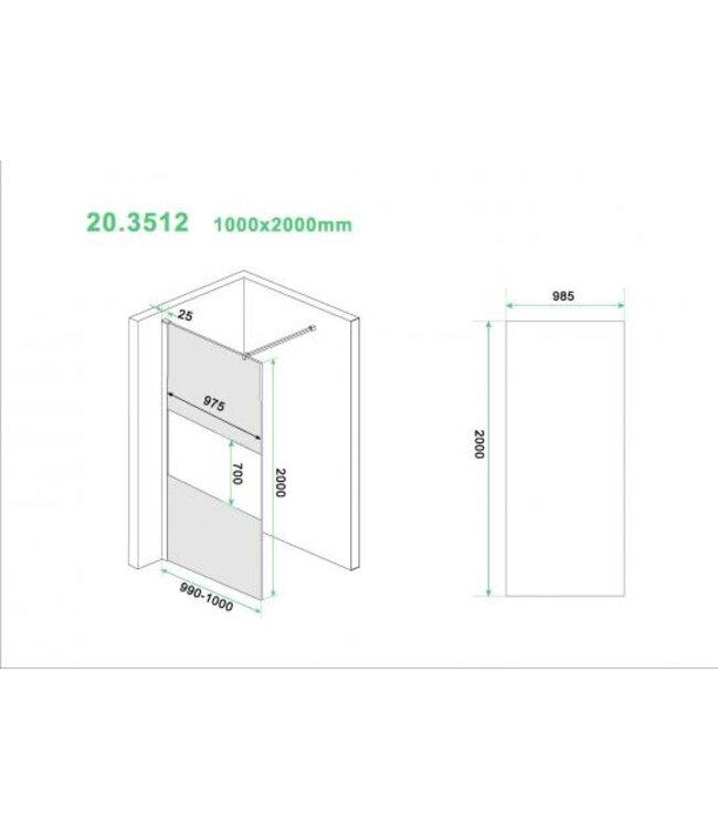 Wiesbaden Inloopdouche Douchewand Slim Rookglas met melkglas 100cm - 8mm veiligheidsglas met antikalk - 20.3512